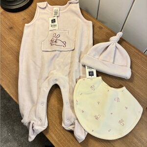 Vintage Baby Gap Pink Romper, Hat & Bib Set with Bunny Embroidery NWT